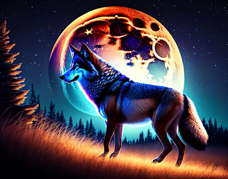 Stylized wolf under glowing moon in starry night landscape