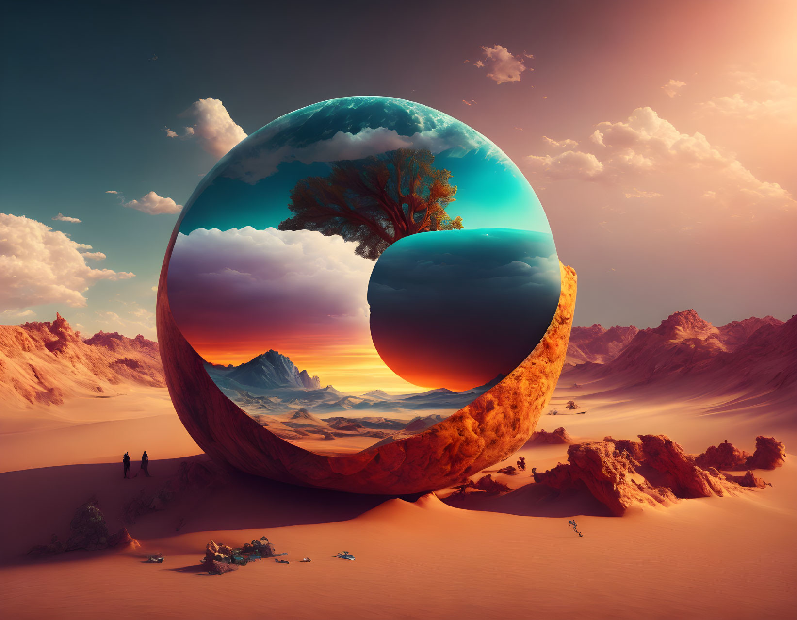 Surreal landscape with giant reflective sphere and diverse ecosystems under dusky sky