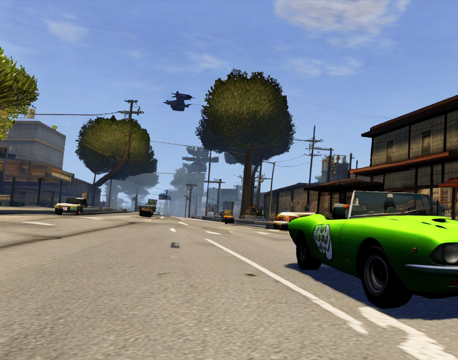 Green muscle car with logo on side driving on urban road with vehicles and helicopter in sunny setting