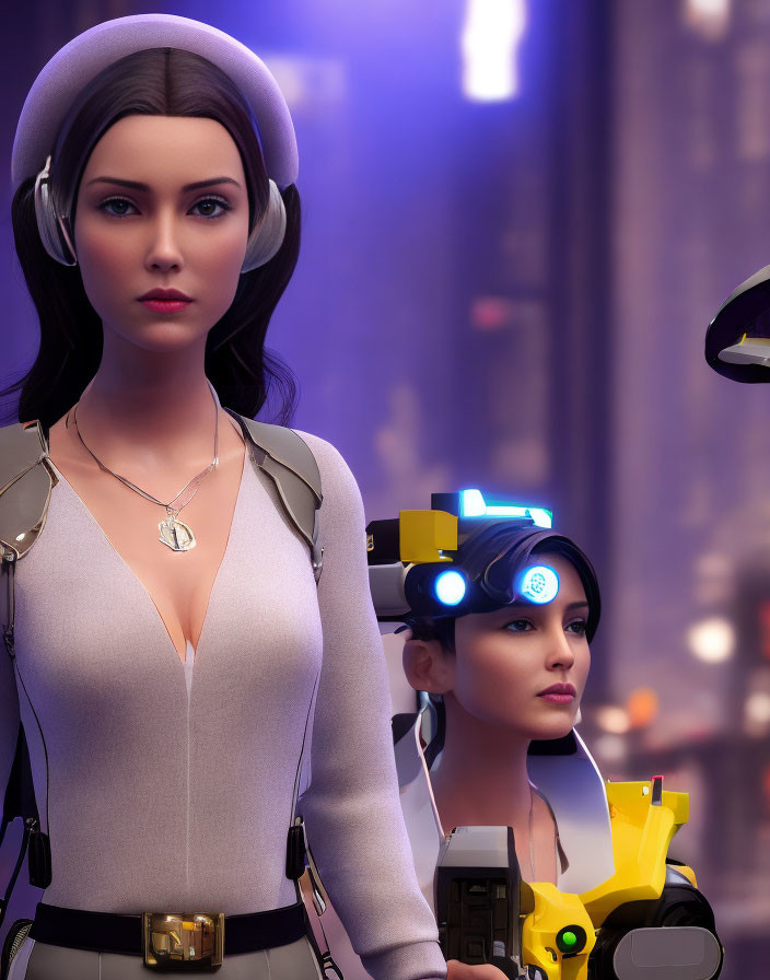 Stylized female characters with headset and futuristic goggles in hand against cityscape