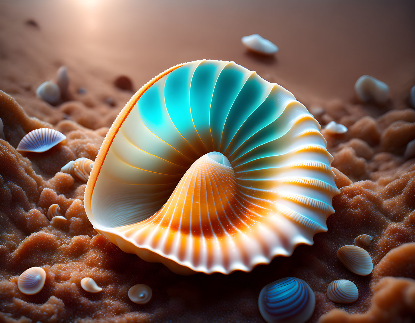 Colorful ridged shell on sandy surface with smaller seashells