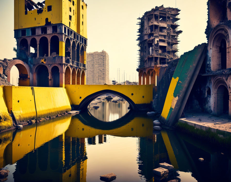 Decaying urban landscape reflected in water under hazy sky