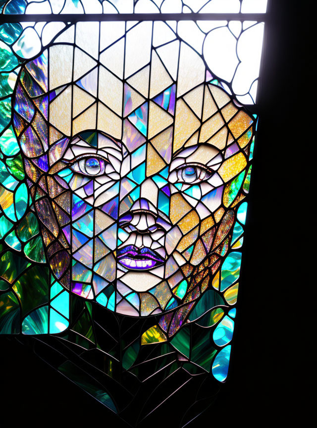 Abstract face stained glass window in blue, purple, and yellow hues