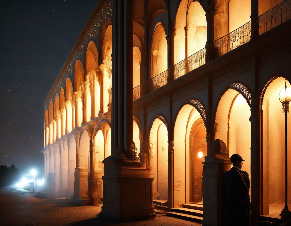 Silhouetted figure near lit streetlamps and grand illuminated building at night