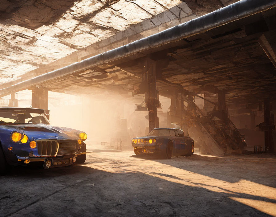 Vintage Muscle Cars Parked in Dimly Lit Warehouse