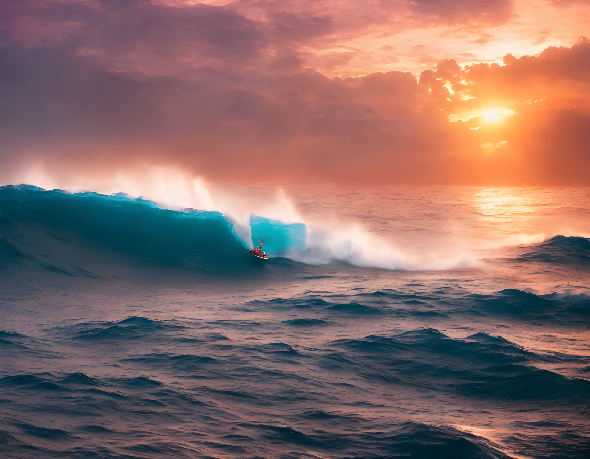 Surfer riding large blue wave at vibrant sunset.