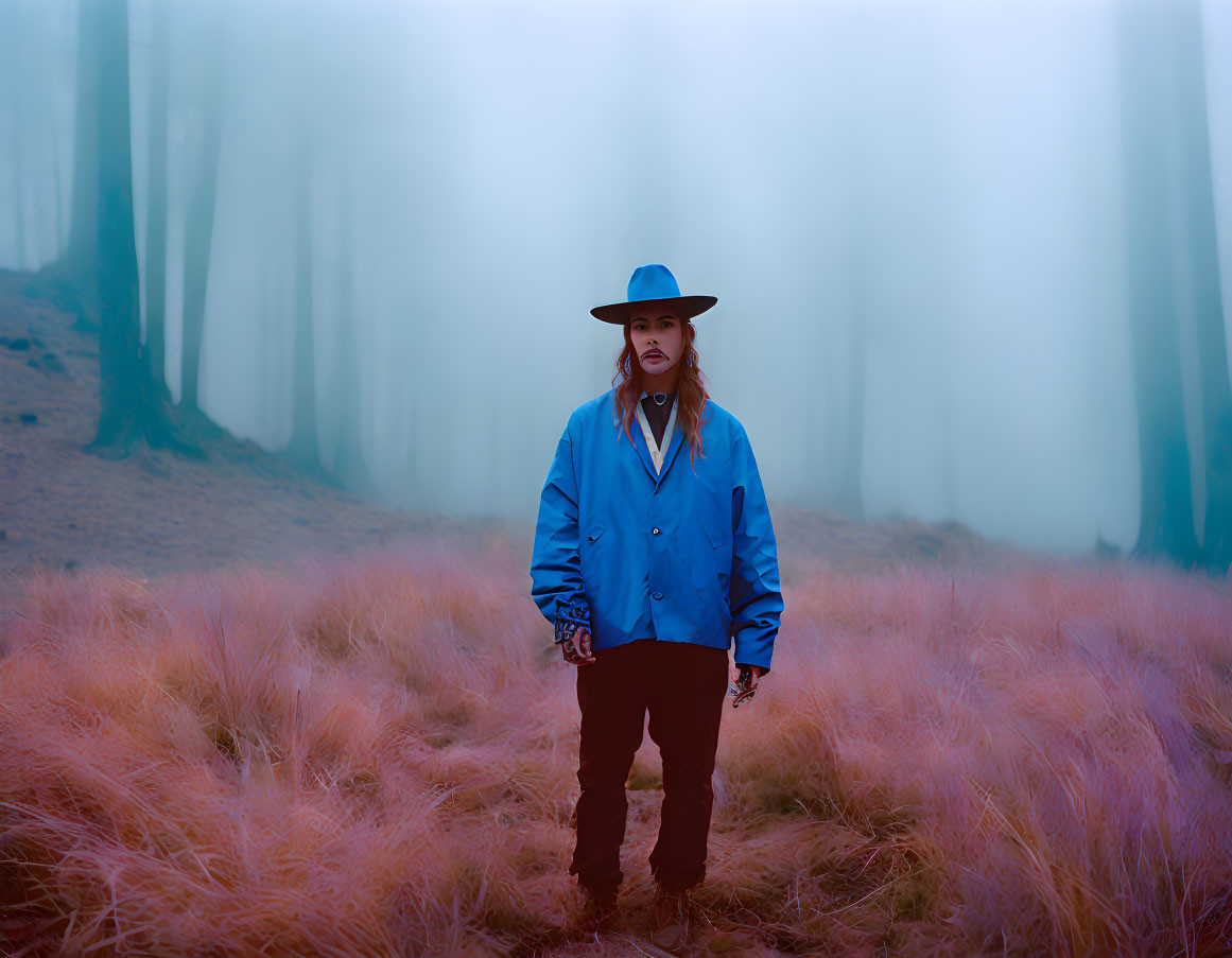 Person in Blue Hat and Jacket in Foggy Forest with Pinkish-Orange Grass