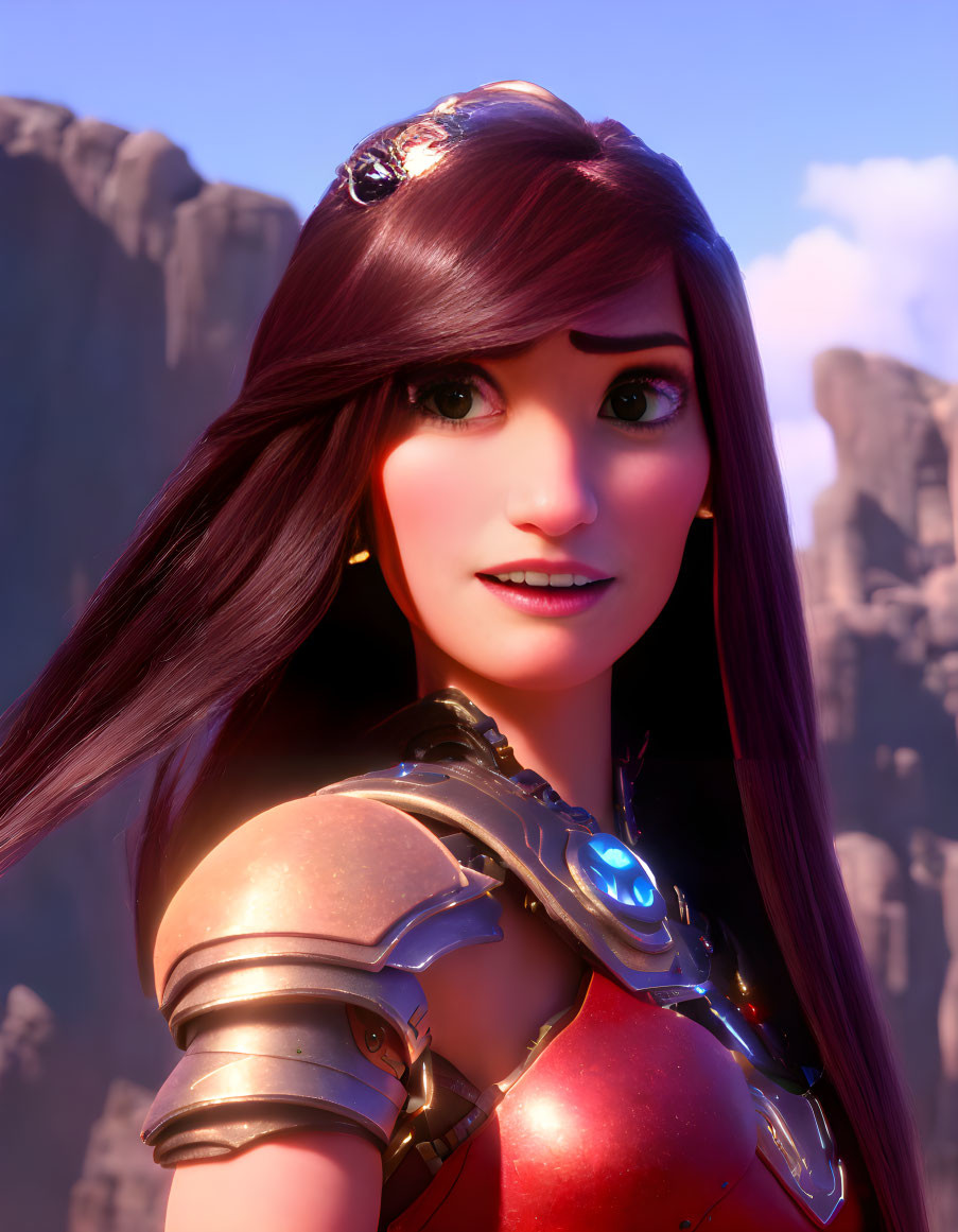 Brown-haired female character in red outfit with golden headpiece and shoulder armor, set in mountainous scenery