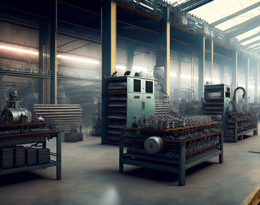 Vintage Machines and Conveyor Belts in Dimly Lit Warehouse