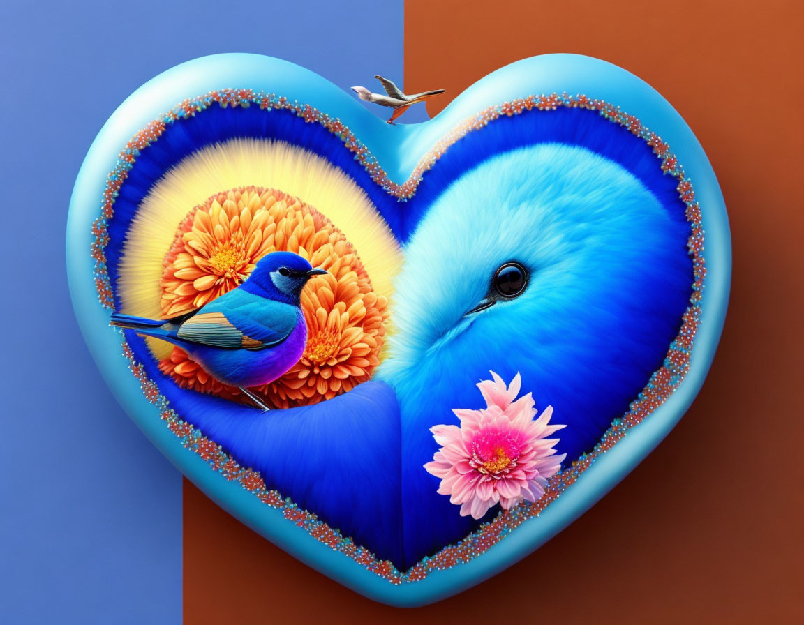 Colorful 3D heart with bird, flowers & butterfly on blue-orange background