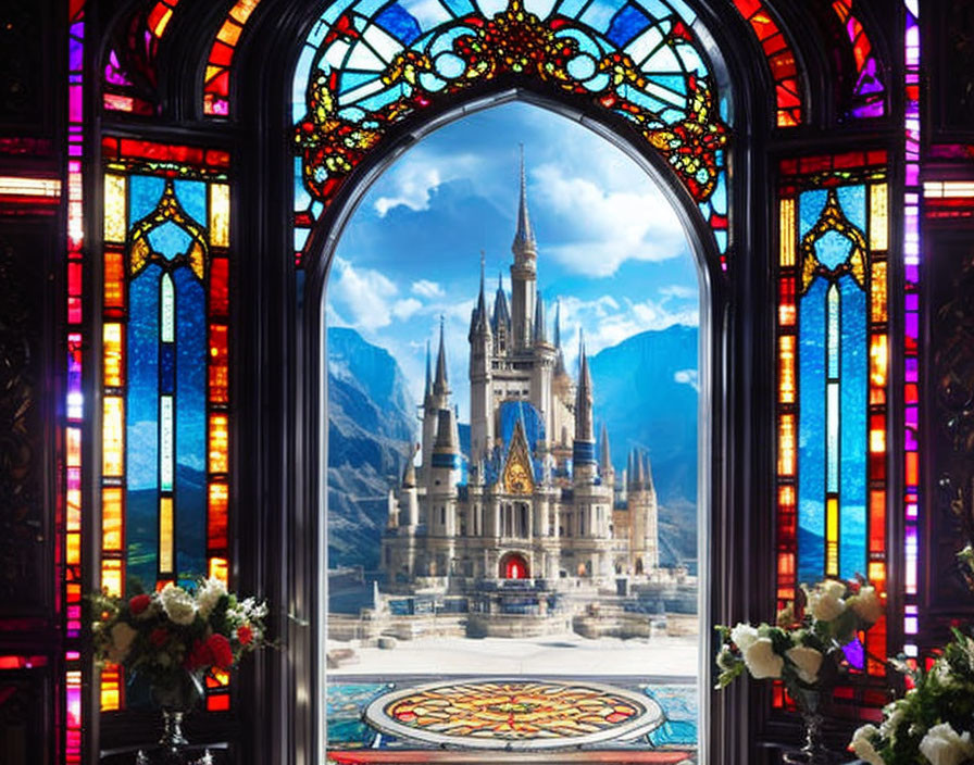 Castle landscape viewed through colorful stained glass window