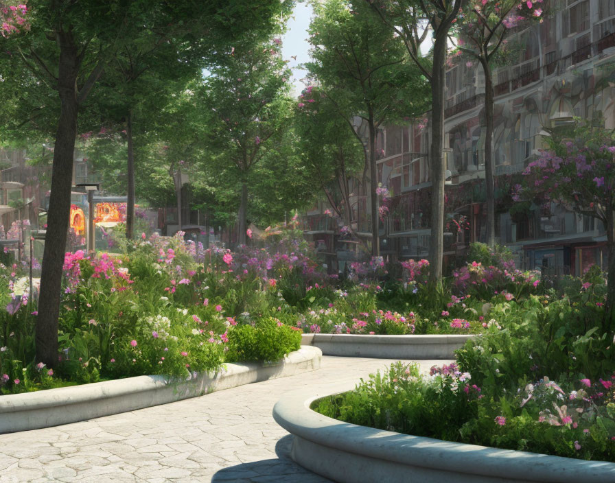 Tranquil urban park with blooming flowers and classical architecture