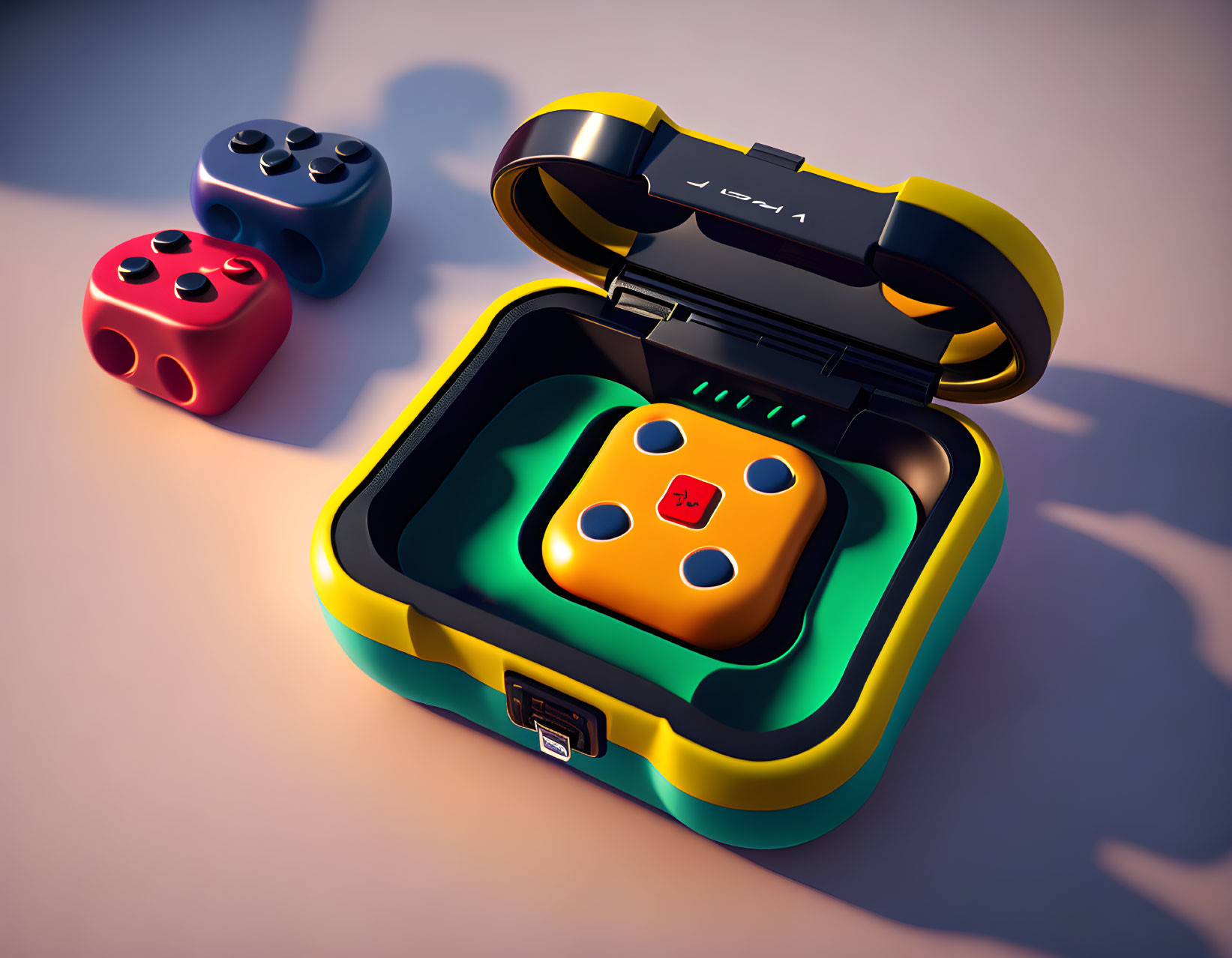 Vibrant digital artwork: handheld gaming device with controller buttons and dice