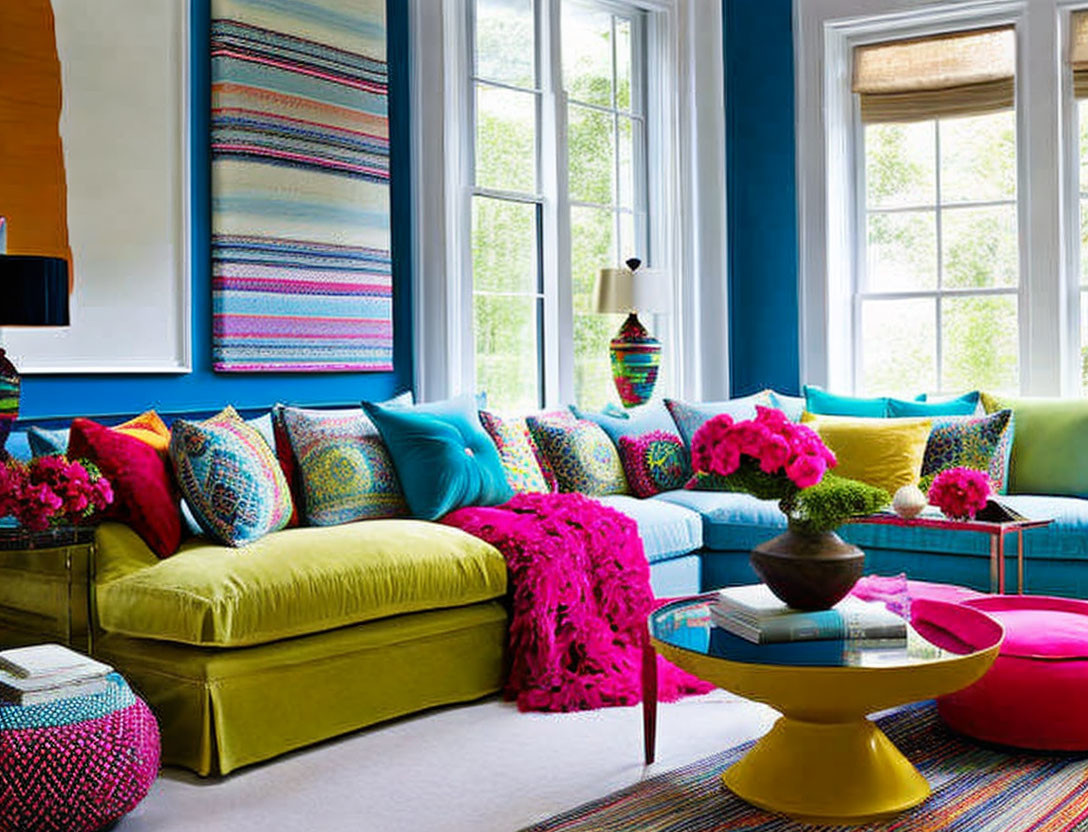 Colorful Living Room with Green Sofa and Eclectic Decor