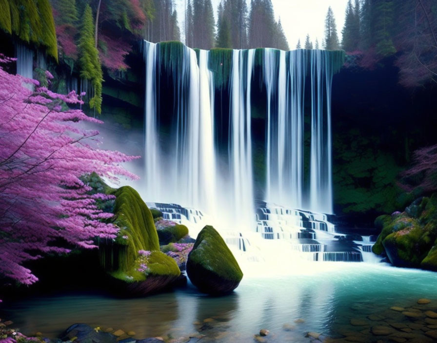 Tranquil waterfall over cliff with pink blossoms and lush greenery