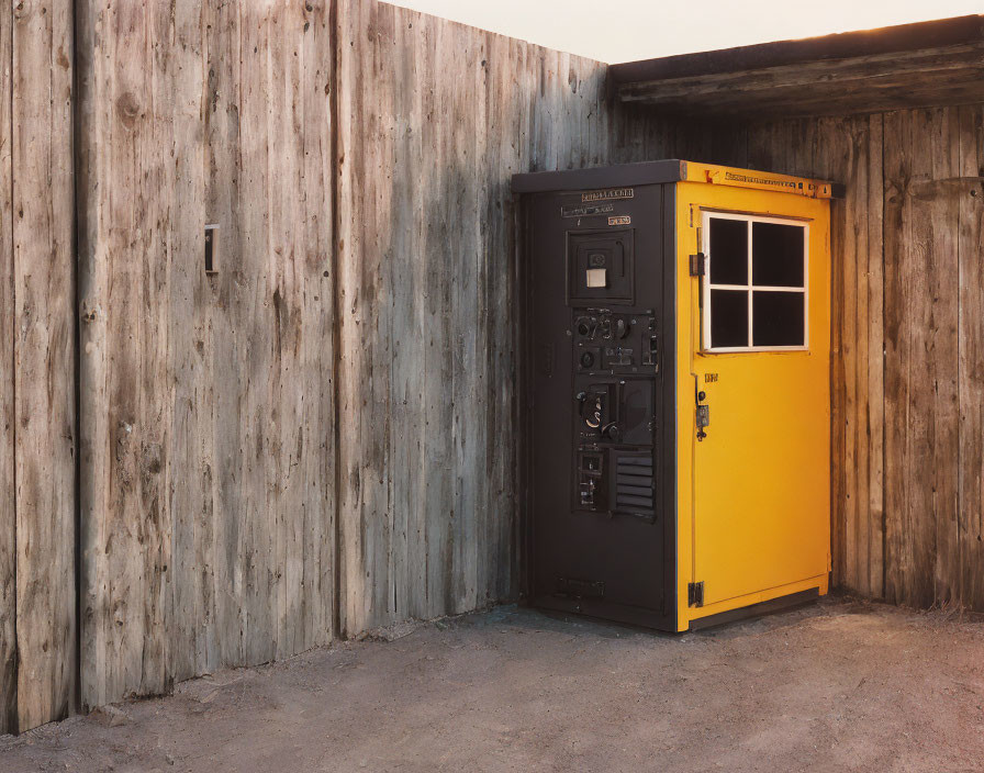 Black Vending Machine with Yellow Door Against Wooden Wall