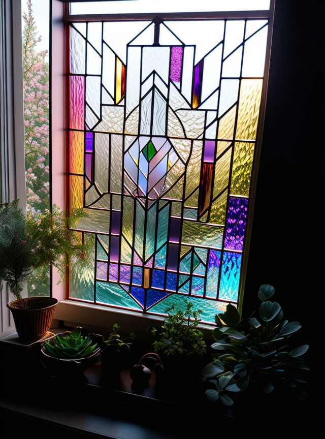 Vibrant geometric stained glass window with indoor plants and tree view