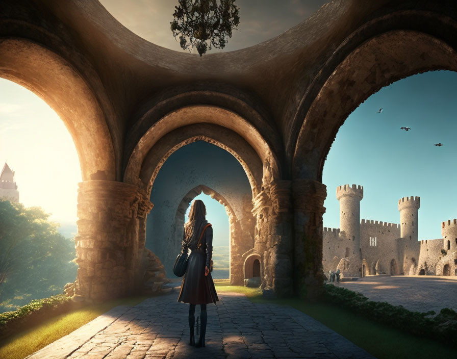 Person standing under archway gazing at distant castle in lush greenery