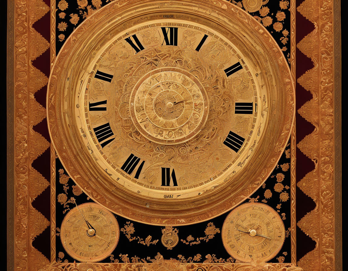 Golden ornate clock with Roman numerals and intricate patterns on a black background