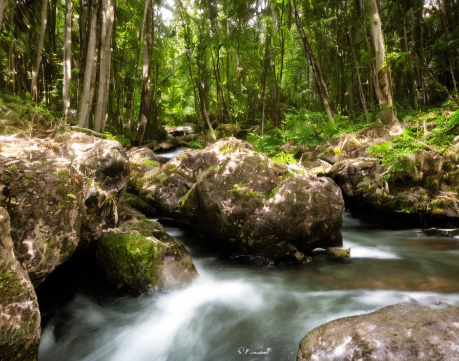 Tranquil forest stream with moss-covered rocks and lush green trees