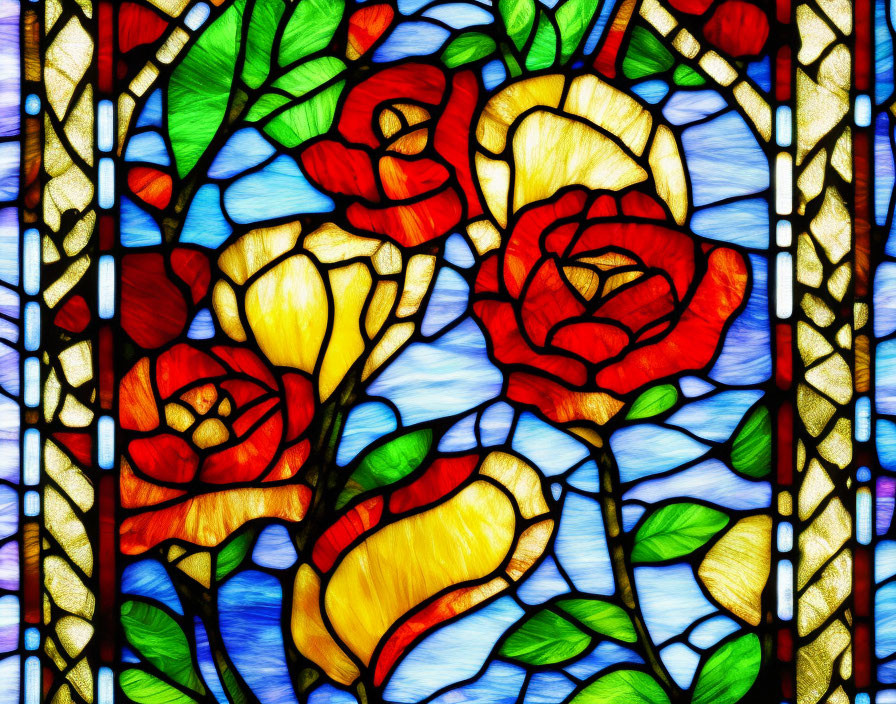 Vibrant floral stained glass window with red roses and green leaves on blue background