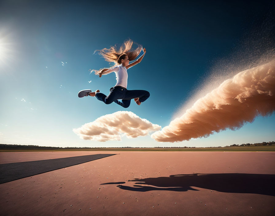 Energetic woman leaping on sunlit tarmac under blue sky