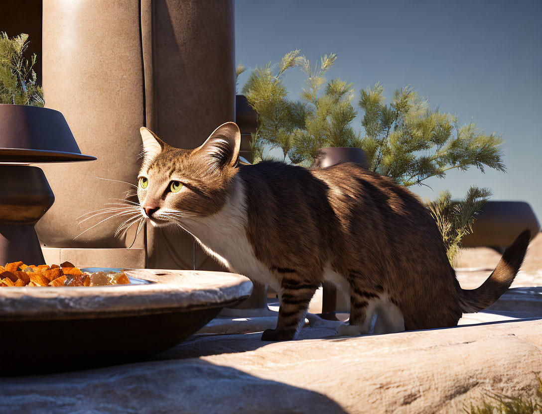 Tabby cat near bowl of food on outdoor stone surface