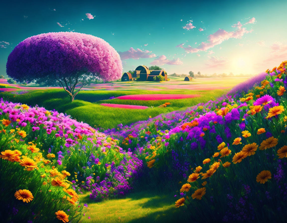 Colorful flower fields and purple tree in scenic landscape.