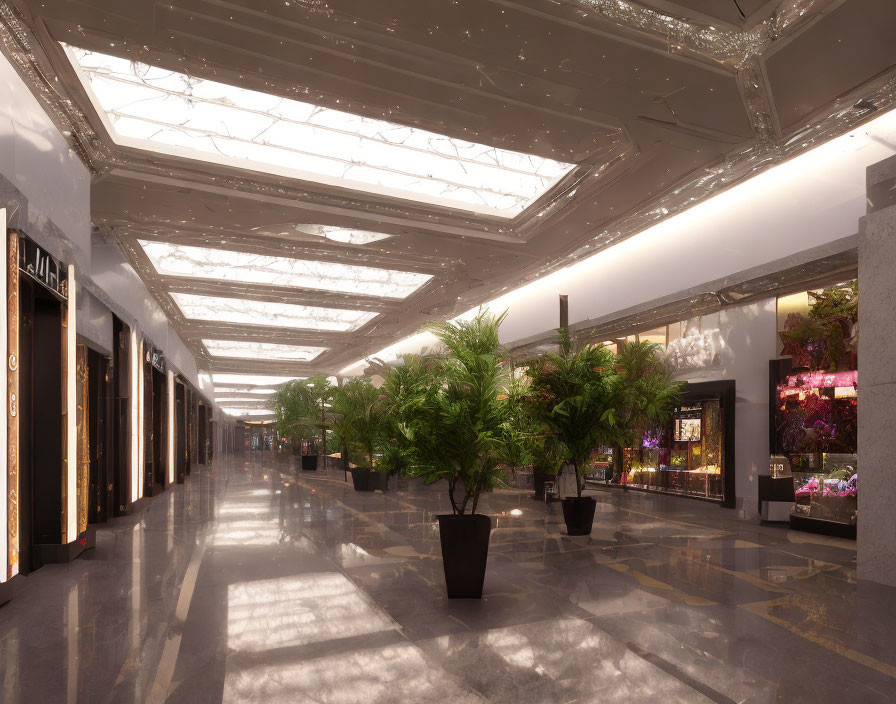 Modern Shopping Mall Interior with High Ceilings & Elegant Lighting