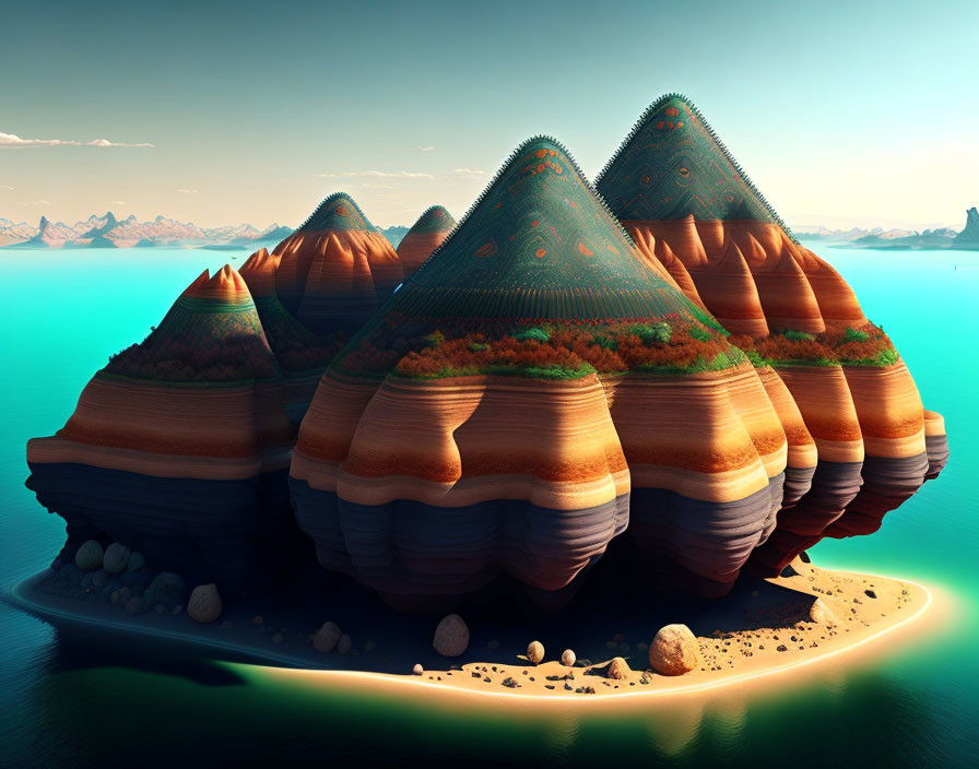 Layered pyramid-like mountains on a fantastical island with intricate patterns in tranquil turquoise waters