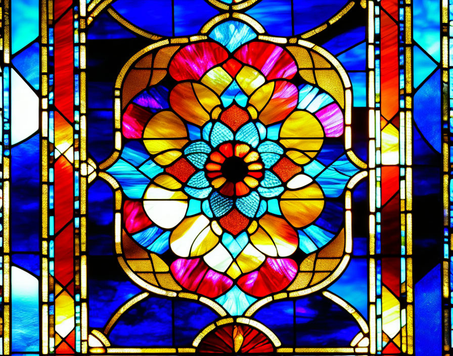 Symmetrical floral design stained glass window with vibrant colors