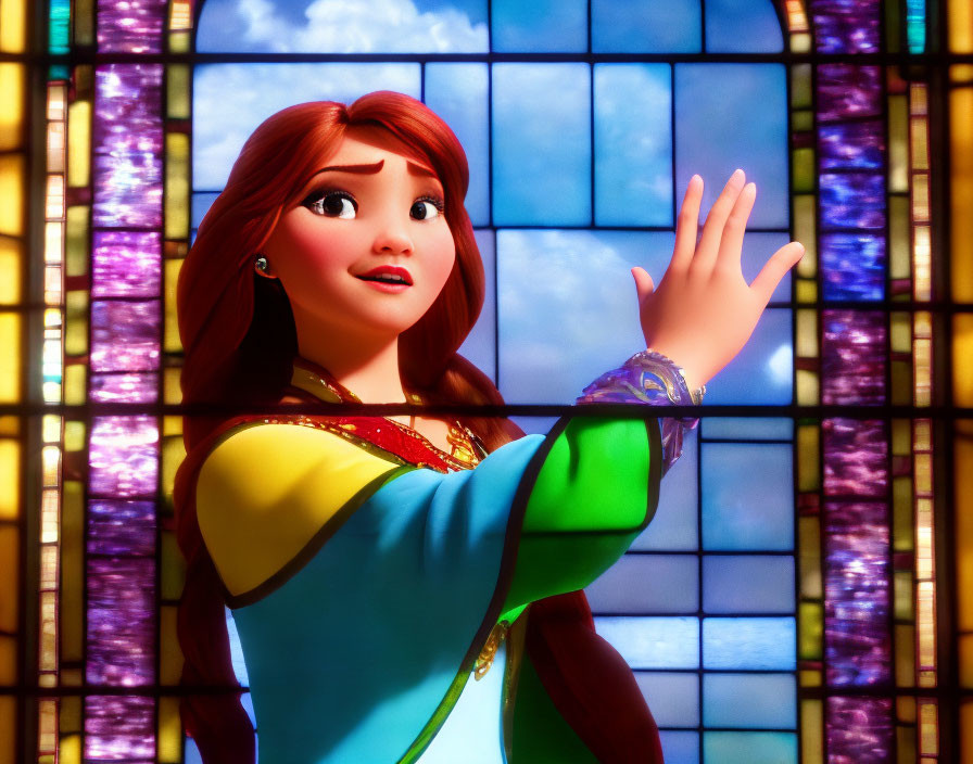 Colorful medieval dress animated character admires stained glass window