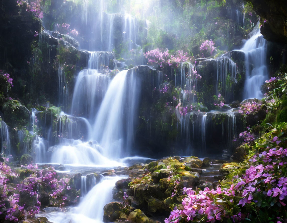 Ethereal waterfall with pink flowers and sunlight