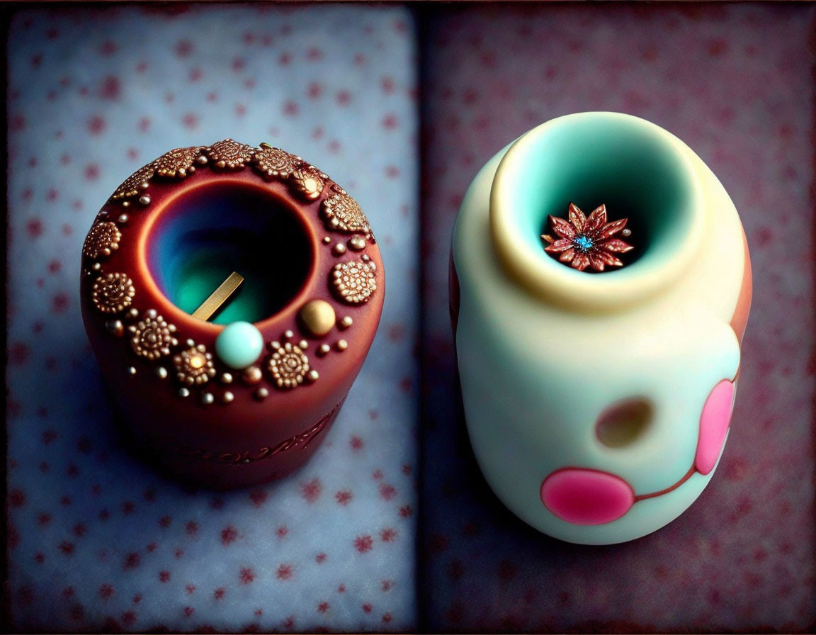 Ornate colorful candle holders with intricate designs and soft glow