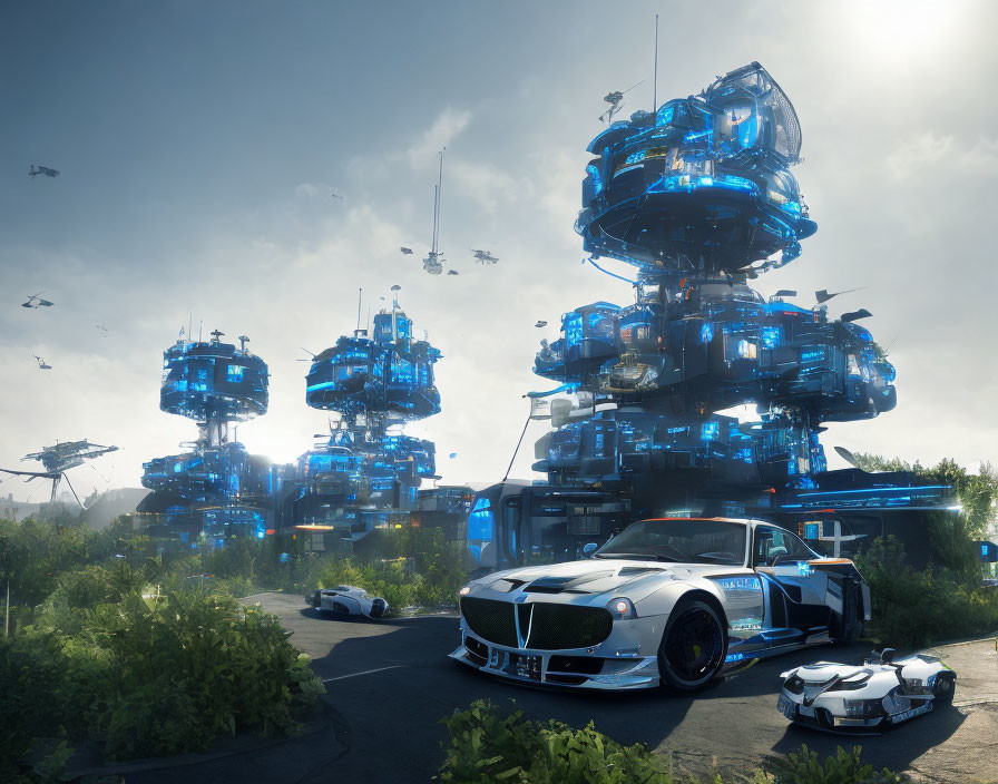 Advanced cityscape with towering structures, flying vehicles, and luxury sports car.