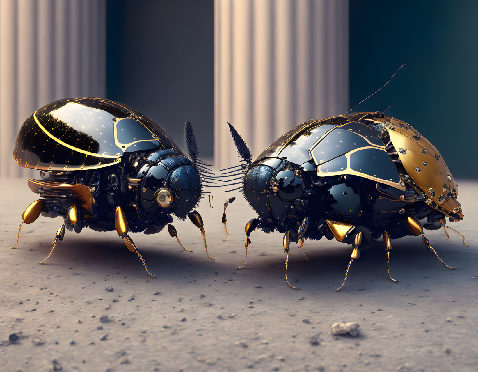 Detailed Metallic Robotic Beetles Face Off on Textured Ground