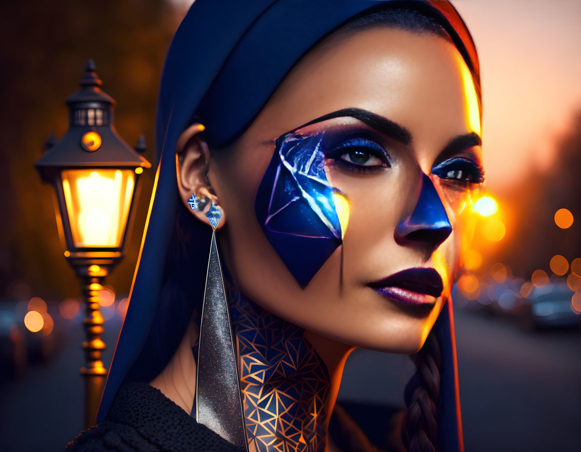 Geometric face paint woman poses at dusk with city lights.