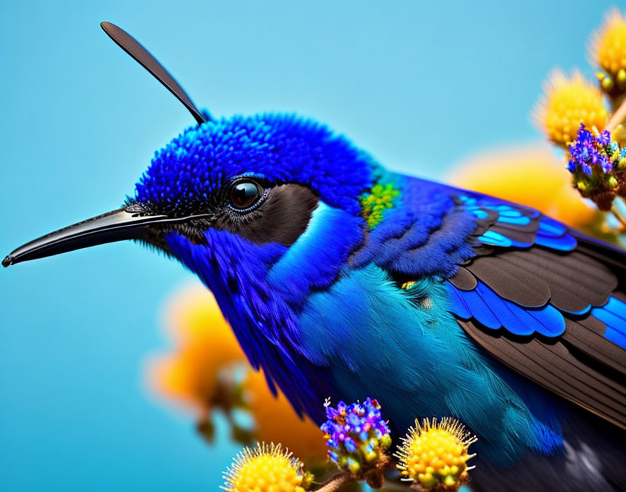 Colorful Blue Bird Perched on Flowers Against Teal Background