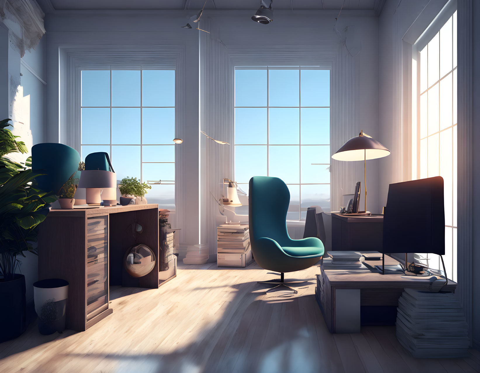 Modern home office with turquoise chair, wooden desk, computer monitor, and natural light.