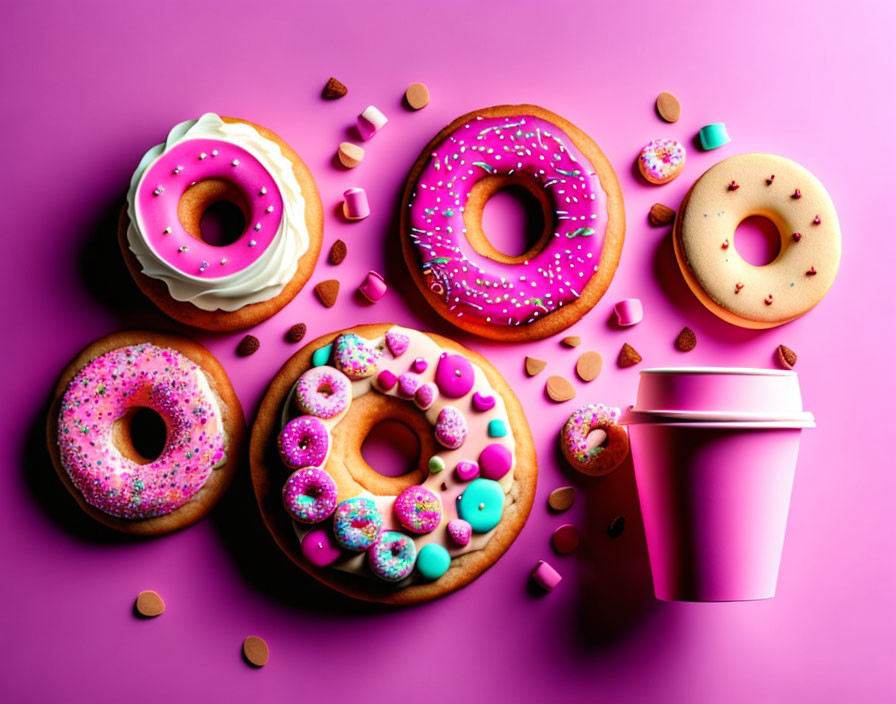 Vibrant sprinkled donuts on purple backdrop with candies