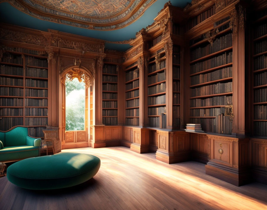 Spacious wooden library with arched window and plush green furniture