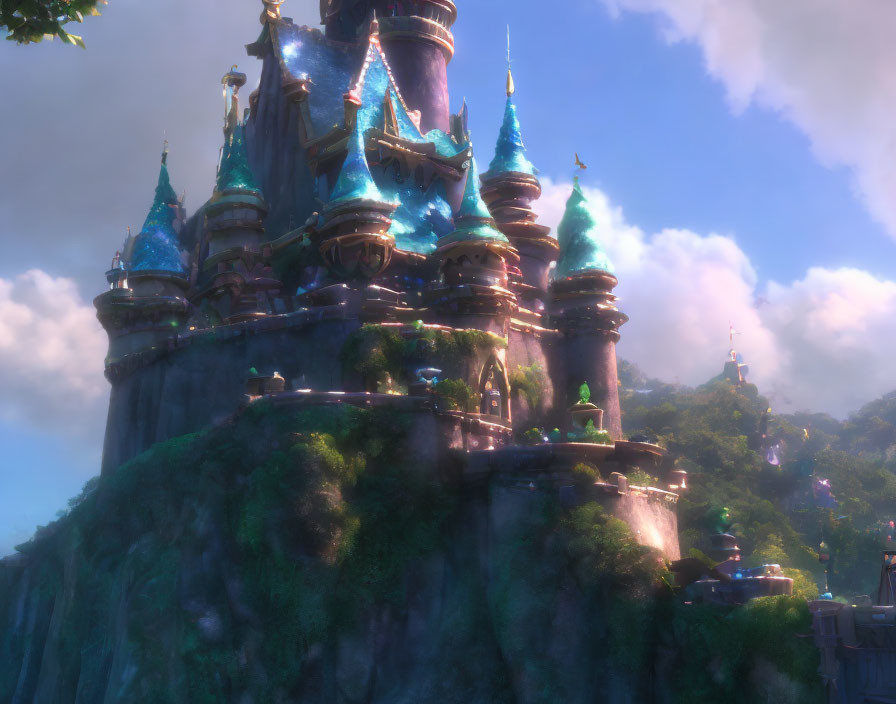 Fantastical castle with blue spires on lush green cliff