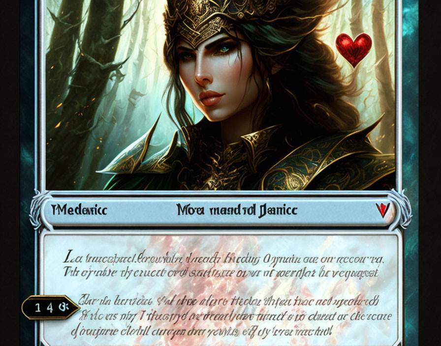 Fantasy card with elven queen, green eyes, golden crown, intricate borders, text, symbols