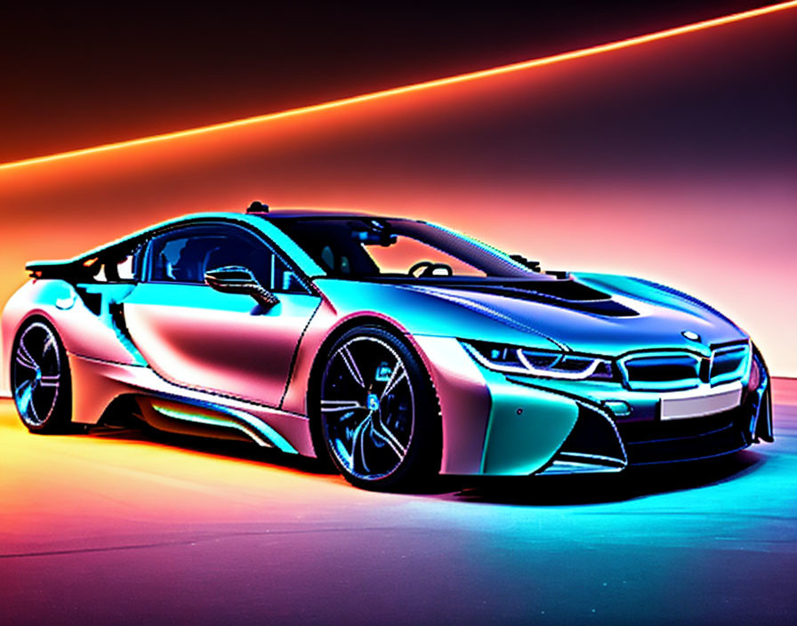 Colorful BMW i8 on Pink and Orange Neon Background