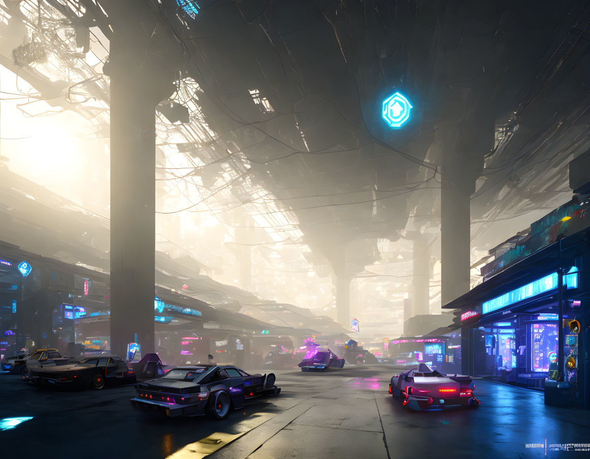 Futuristic Cityscape with Neon Signs and Cybernetic Structure