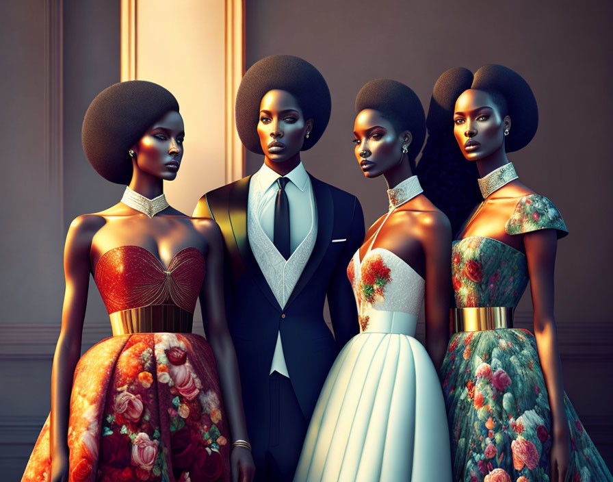 Stylized characters in elegant attire with afro hairstyles and floral designs