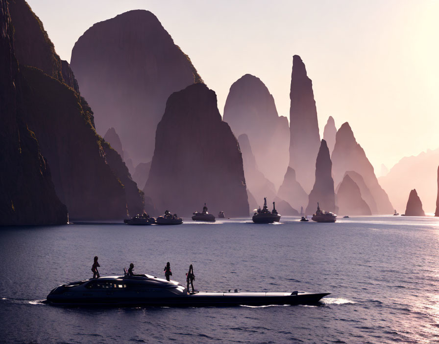 Luxurious yacht with people sailing near mist-shrouded karst mountains at sunset