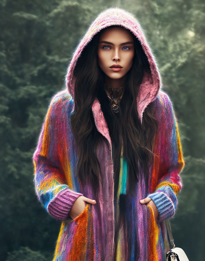 Person with Long Hair in Vibrant Multicolored Sweater Against Mysterious Forest