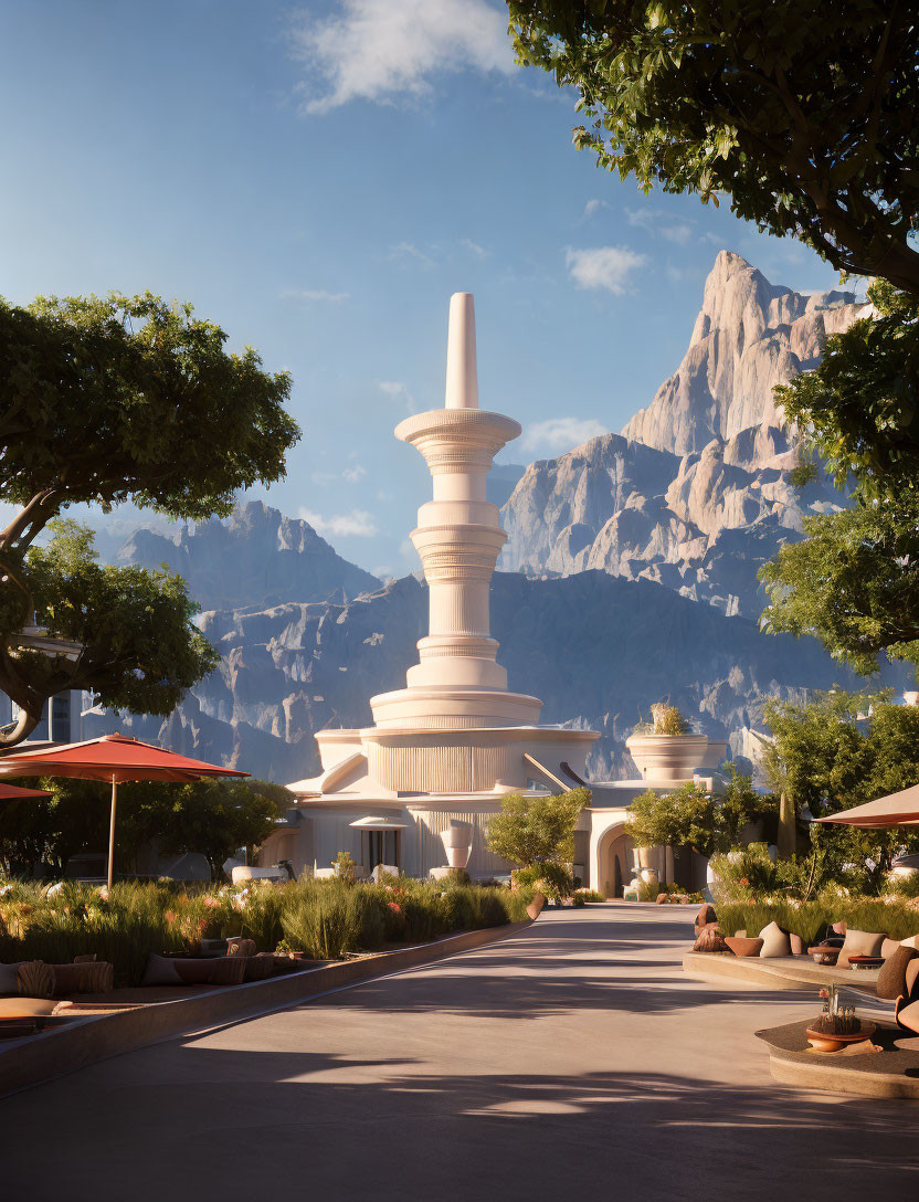 Tranquil outdoor plaza with elegant white sculpture, lush planters, mountains, clear sky