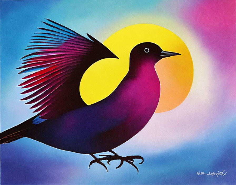 Colorful illustration of a purple bird with open wing on vibrant background